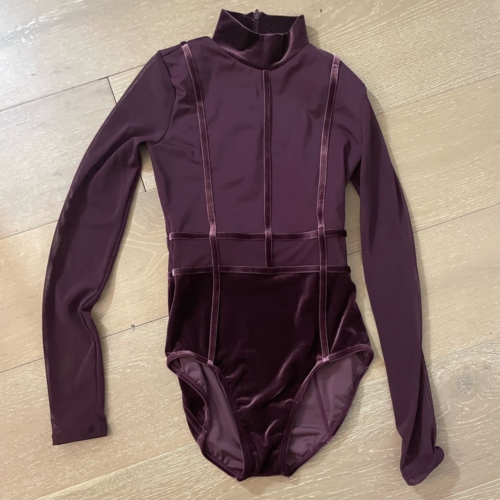 Never been worn velvet bodysuit with mesh long sleeves and nude built in bra